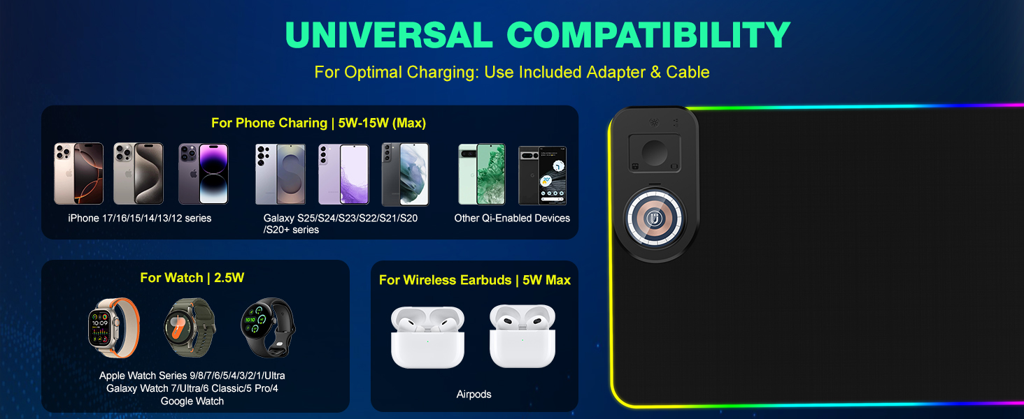 RGB ігровий килимок для миші з бездротовою зарядкою Qi 15W, LED підсвічуванням, 10 режимів, водонепроникний, протиковзкий, для геймінгу, офісу та дому (чорний)