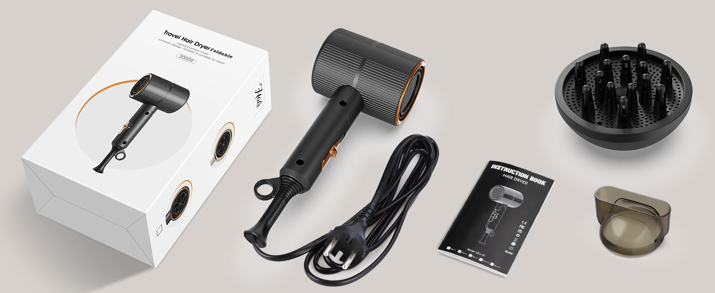 Компактний іонний фен для волосся 2000 Вт, складаний дорожній фен з дифузором та styling-насадкою, швидке сушіння, низький рівень шуму (Чорний)