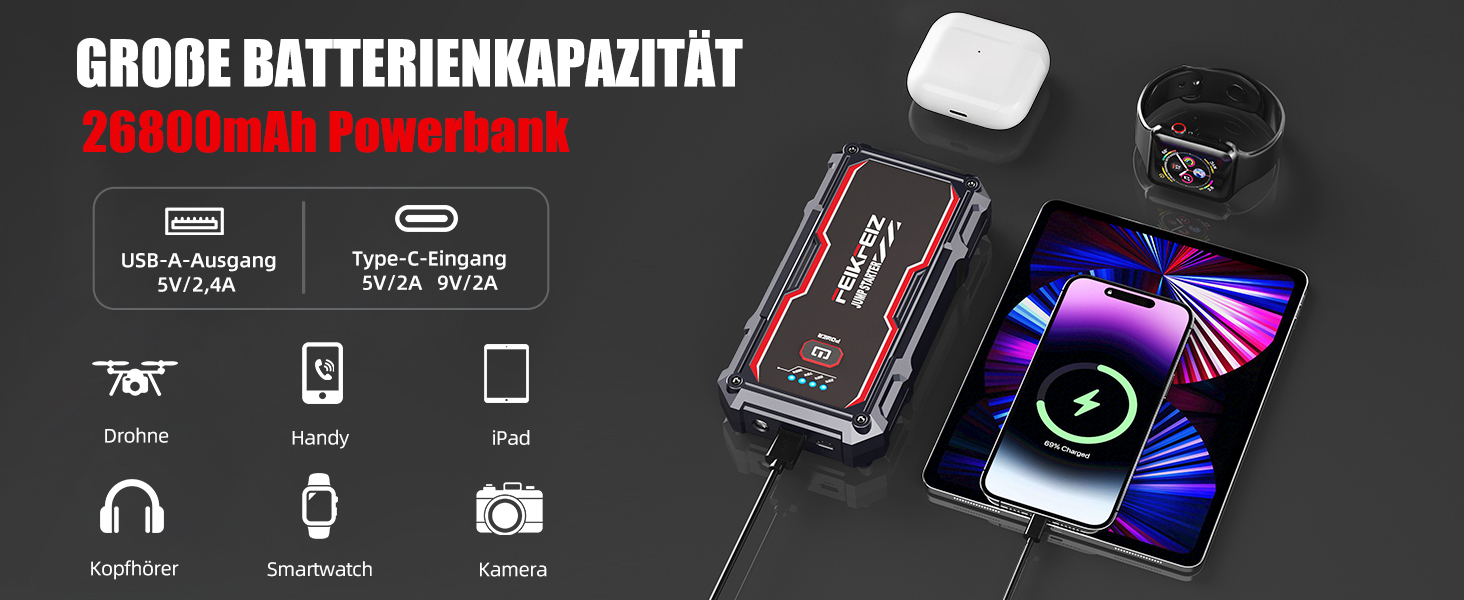 Автомобільний зарядний пристрій FEIKFEIZ Auto Starthilfe Powerbank, пусковий пристрій 6000A 26800mAh для 12V акумуляторів (бензин та дизель до 8.0L), з USB-портом та LED-ліхтарем