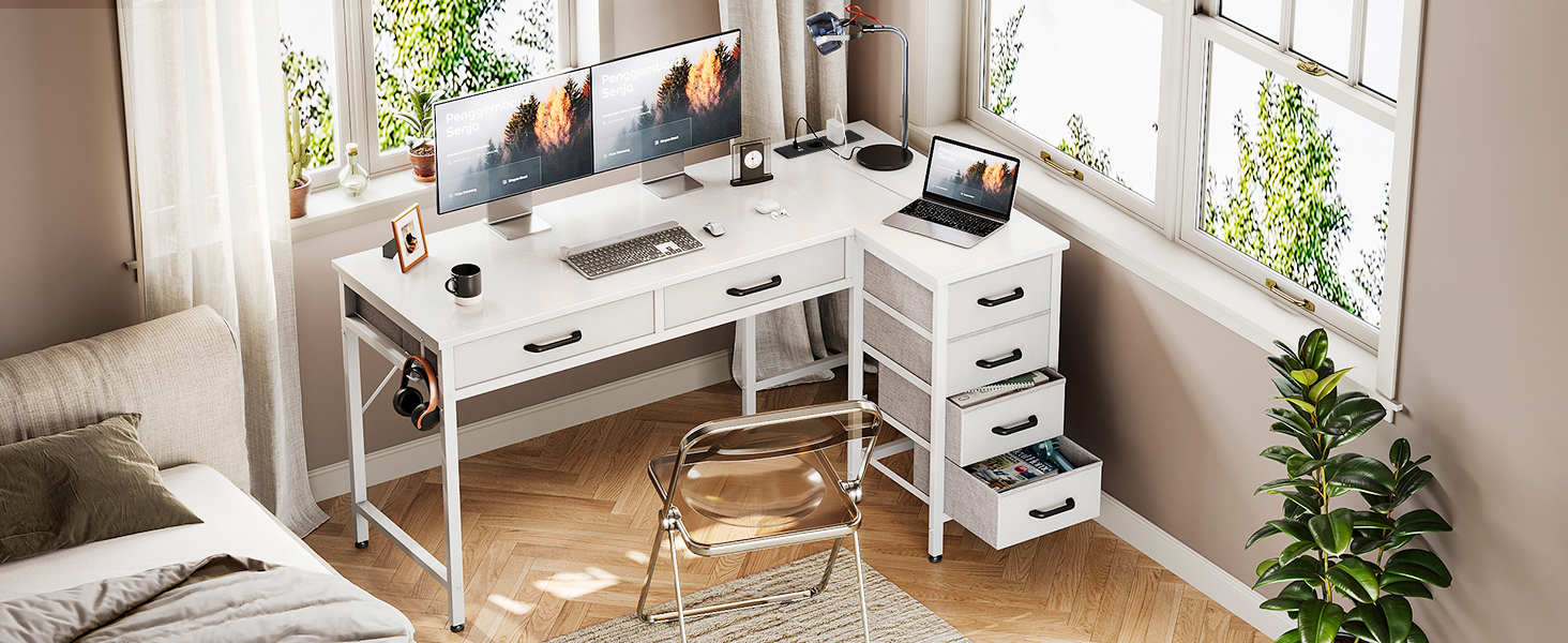 Комп'ютерний стіл Coleshome L-подібний з 6 шухлядами, білий, 126x80 см