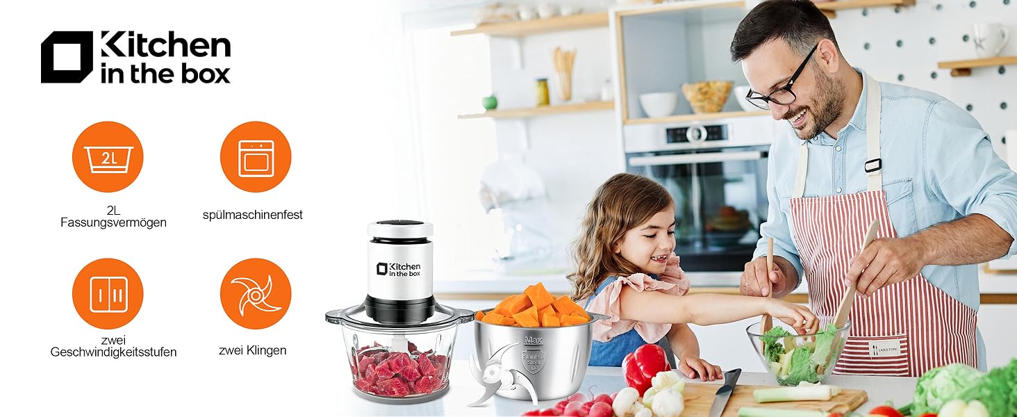 Електричний подрібнювач Zerkleinerer 400W з двома чашами 2л + 2л та двома лезами з нержавіючої сталі для м'яса, овочів, фруктів - білий