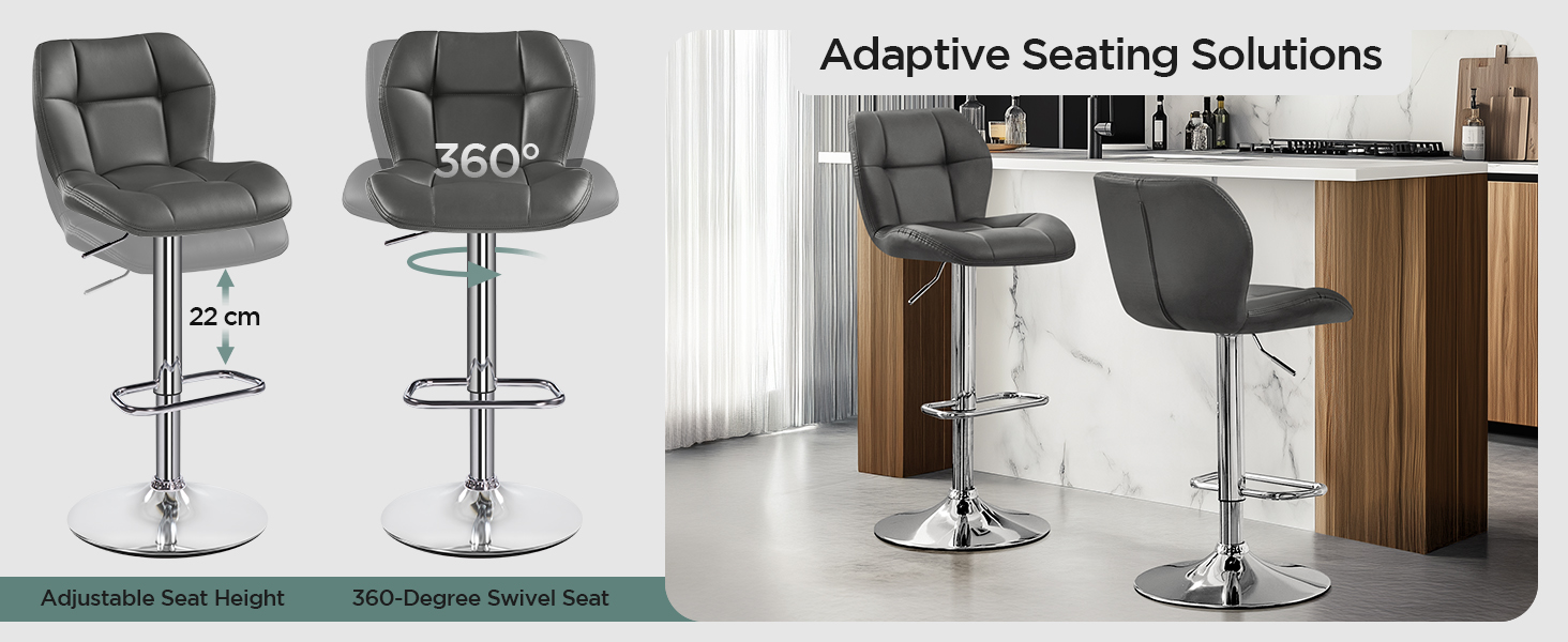 Барні стільці Yaheetech, комплект 2 шт, регульована висота, 360° обертання, з підніжкою, для кухні, чорний/сірий