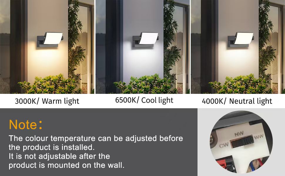 Стіна LED-світильник SANSHI зовнішній водонепроникний IP65, поворотна панель 350°, 12W, 3 режими кольору (3000K/4000K/6500K) для саду та тераси, темно-сірий
