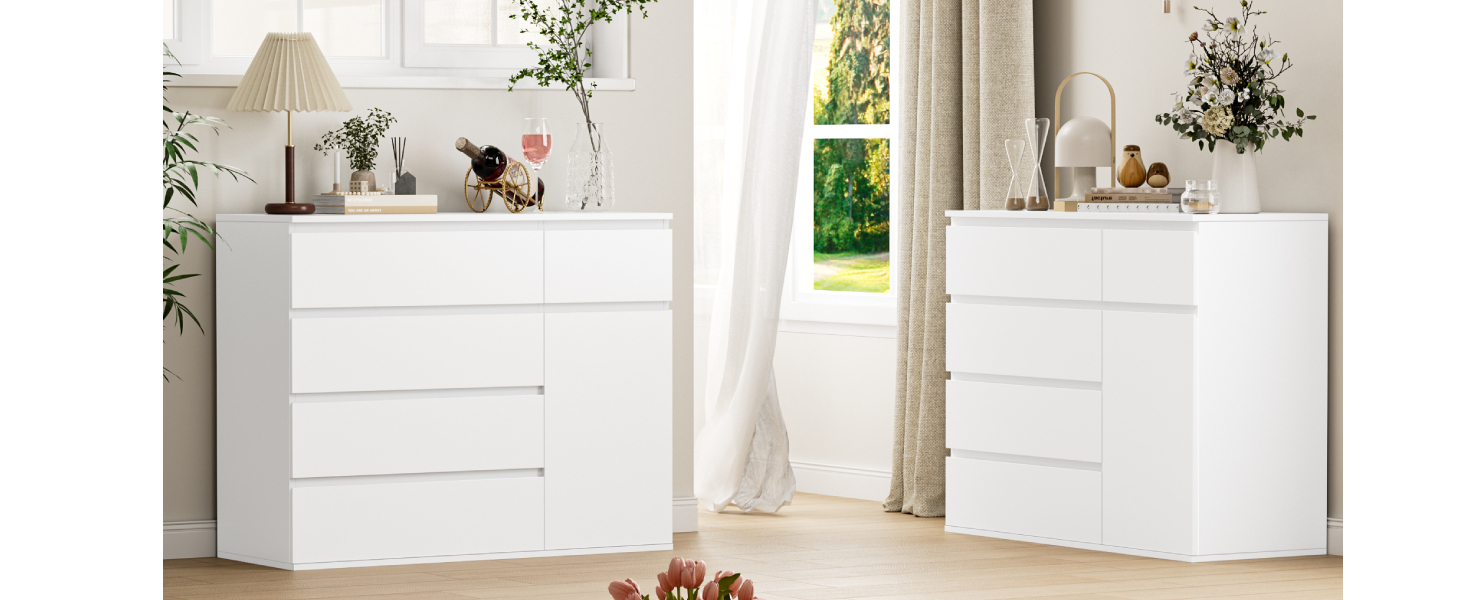 FOREHILL Комод білий з 5 шухлядами та 1 дверцятами, 100x40x80 см. Комод для спальні, вітальні, кабінету, передпокою