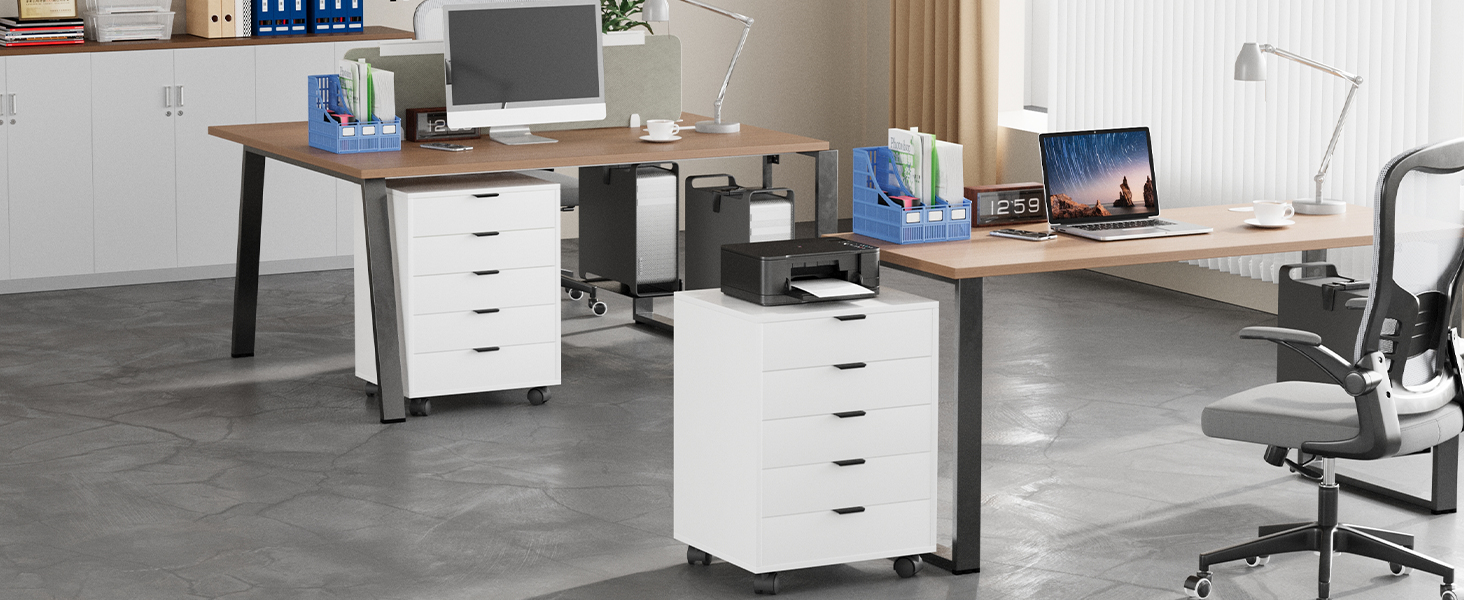 Шафа-тумбочка ELUCHANG з 5 висувними ящиками, мобільна, для офісу та дому, біла