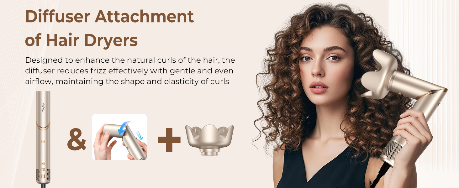 UKLISS Hairstyler Airstyler 8-в-1: Фен-щітка, випрямляч, плойка, насадки для об'єму та іонізація - Швидке сушіння для всіх типів волосся, колір шампань