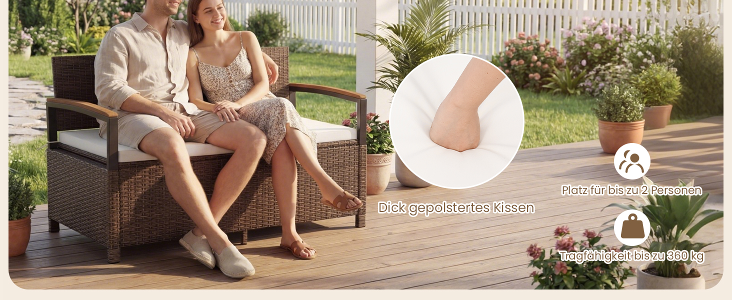 Лавка садова Costway з ротангу Polyrattan, з ящиком для зберігання, 2-місна, сіра (120x61x84 см) для балкона, тераси, саду з подушками