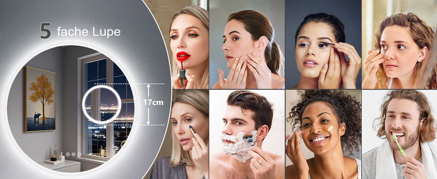 Дзеркало для ванної кімнати S'bagno Runder з підсвічуванням 60 см, з функцією запобігання запотіванню, 3 колірні температури, регулювання яскравості, HD скло, функція пам'яті, IP44, Bluetooth, 5-кратна лупа