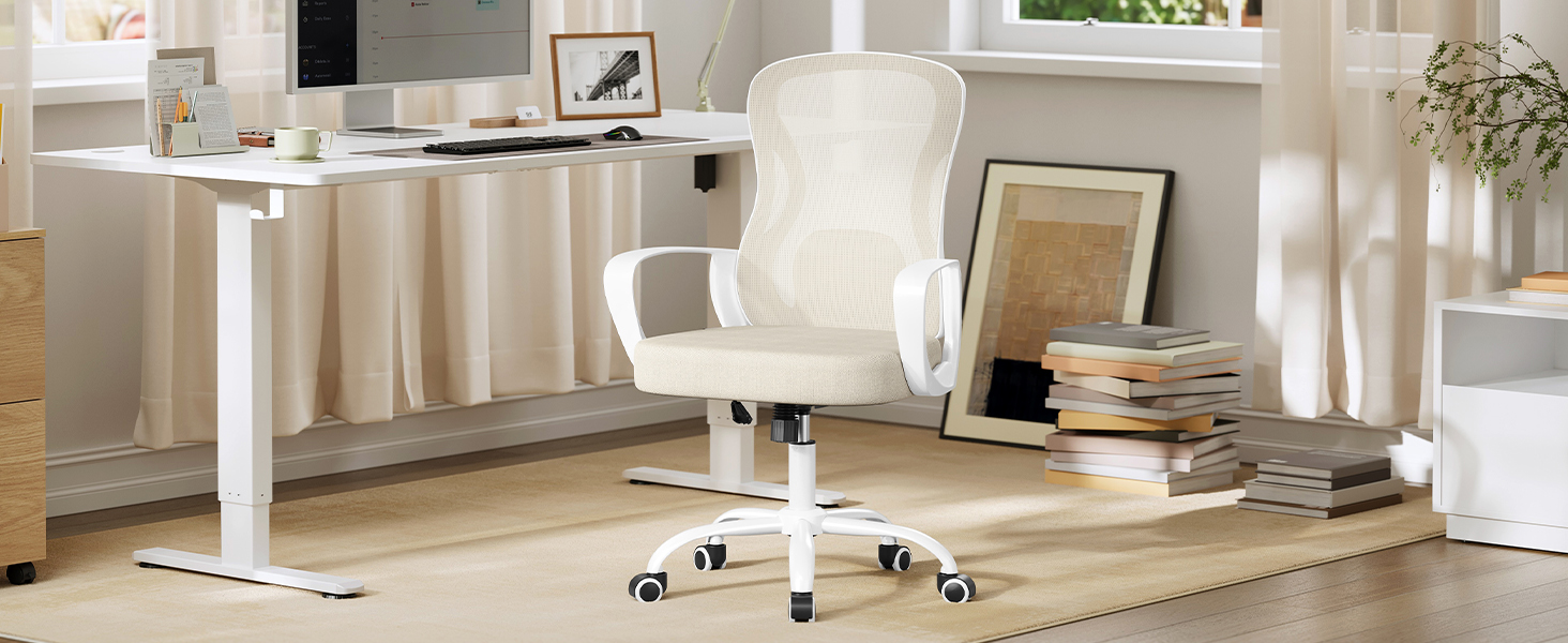 Офісний стілець SONGMICS ергономічний з підтримкою спини, обертовий, сітчастий, з підлокітниками, бежево-білий