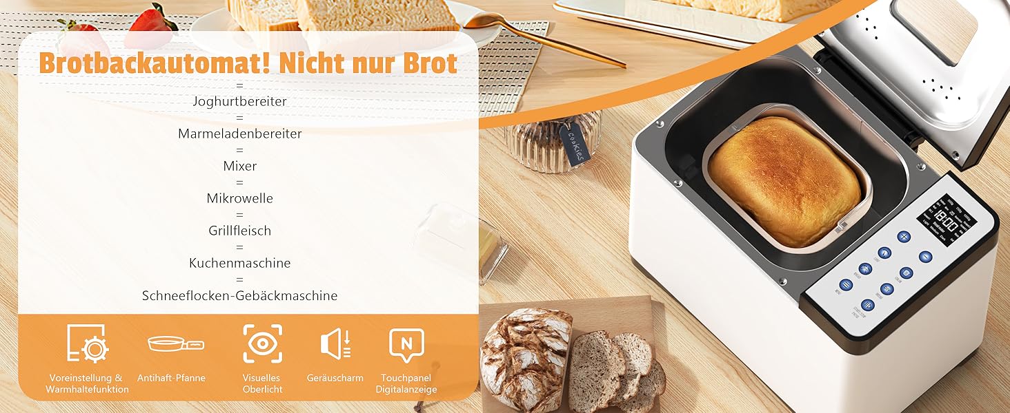 Бротбекмашина Karinear з 20 програмами, рукавичками, таймером на 15 годин, нержавіючою сталлю, 3 розмірами хліба та вибором кольору скоринки (білий, чорний)