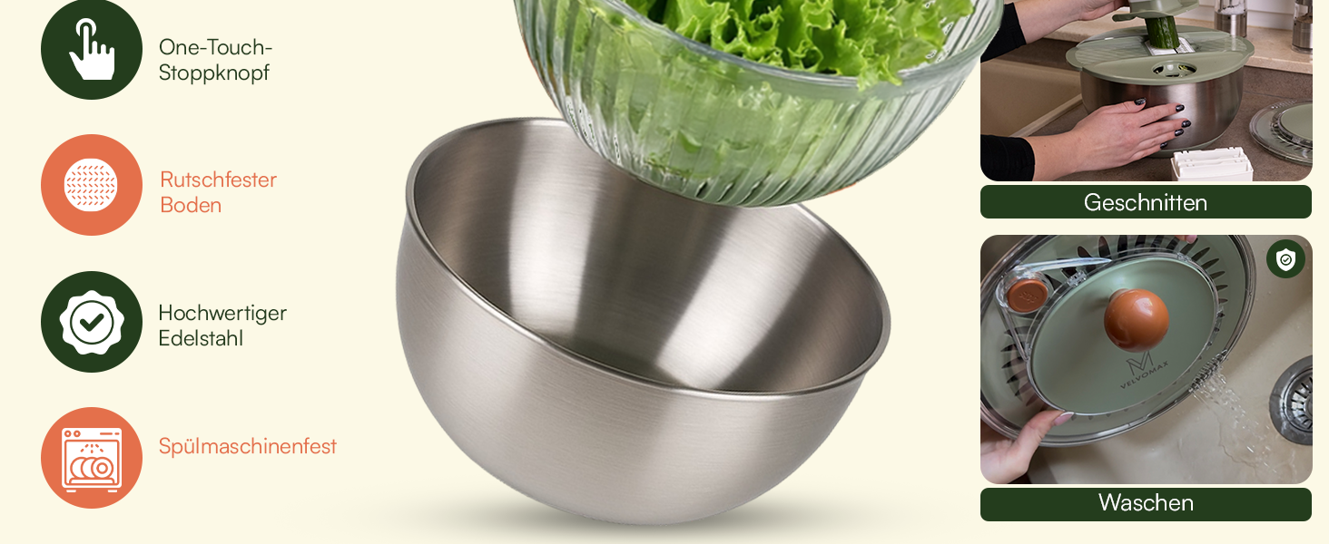 Салатниця-швидкокрутка VELVOMAX 6в1 з нержавіючої сталі, 4.5L - 6 функцій: нарізник овочів, сервіровочна чаша та спіннер для салатів. Можна мити в посудомийній машині, з антиковзним дном та кришкою. Ідеально для любителів готувати.