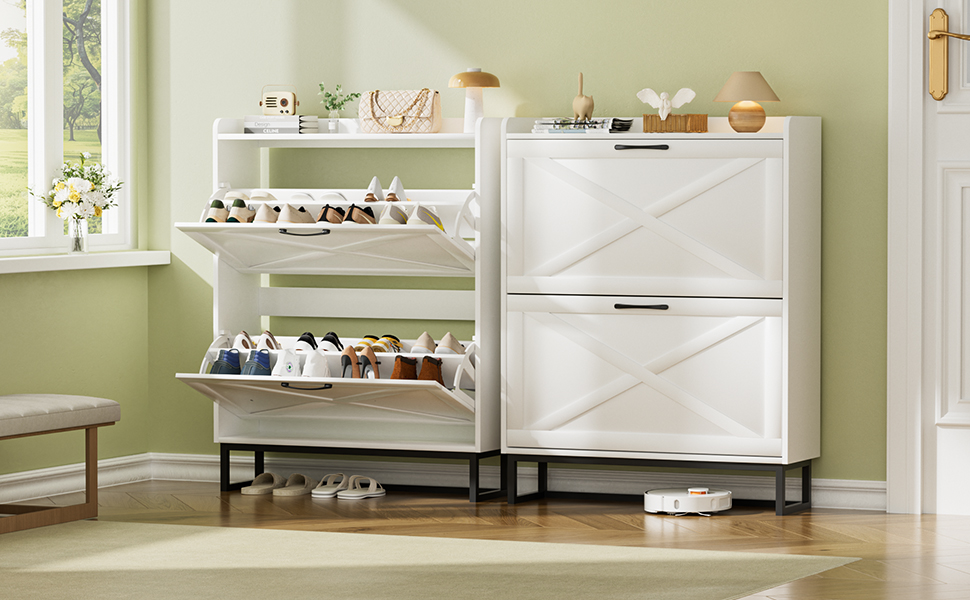 Шафа для взуття з 2 дверцятами, полиця для взуття в передпокій, вузька шафа-кіпер для взуття з 4 полицями, тумба для взуття з металевими ніжками, органайзер для взуття з дерева для стіни, 80x23,8x101,7 см, білий