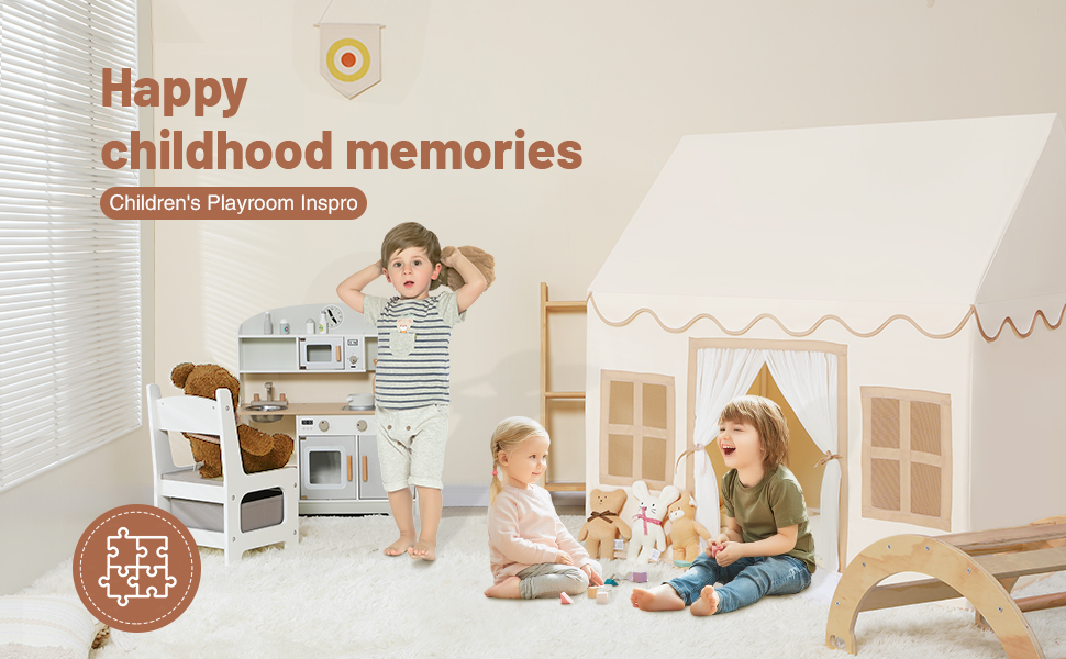 Дитяче намет-ігровий будиночок Wilwolfer з килимком для малюків: Принцесин будиночок з бахромою для дівчаток та хлопчиків - Великий намет для гри в приміщенні та на вулиці, кремовий колір