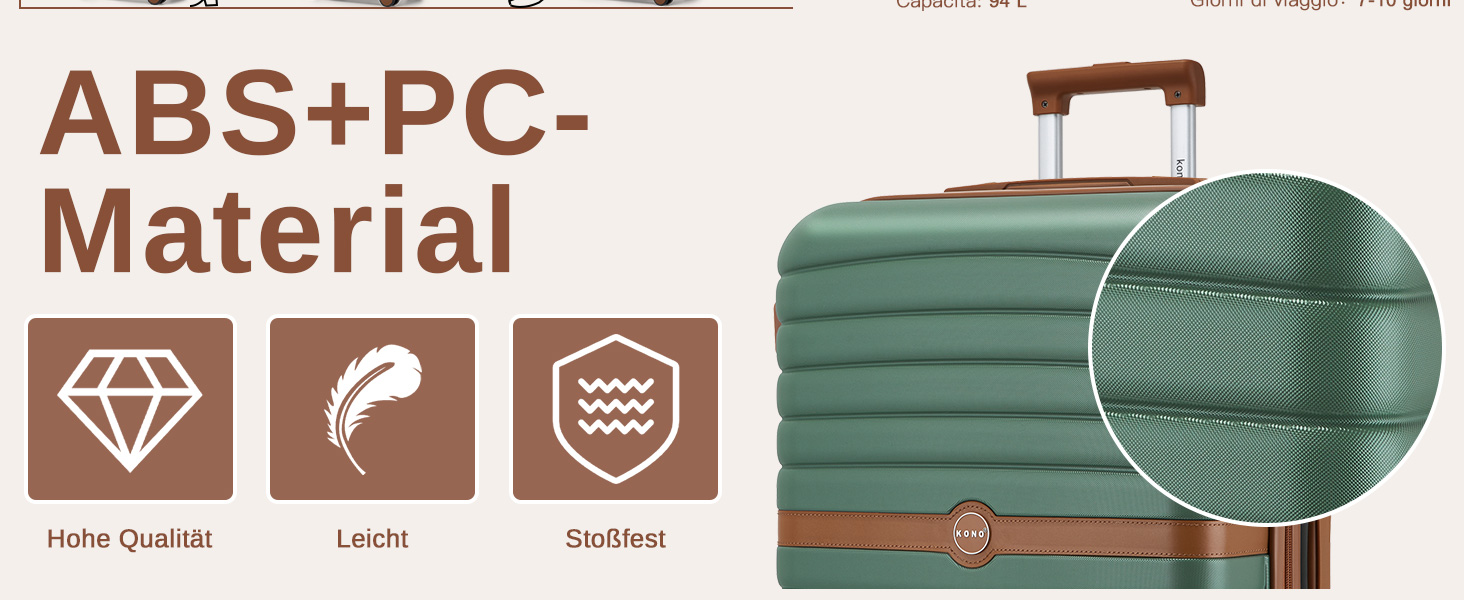 Чемодан KONO середнього розміру 66см з ABS+PC, з подвійними колесами та кодовим замком (Темно-зелений/Коричневий)