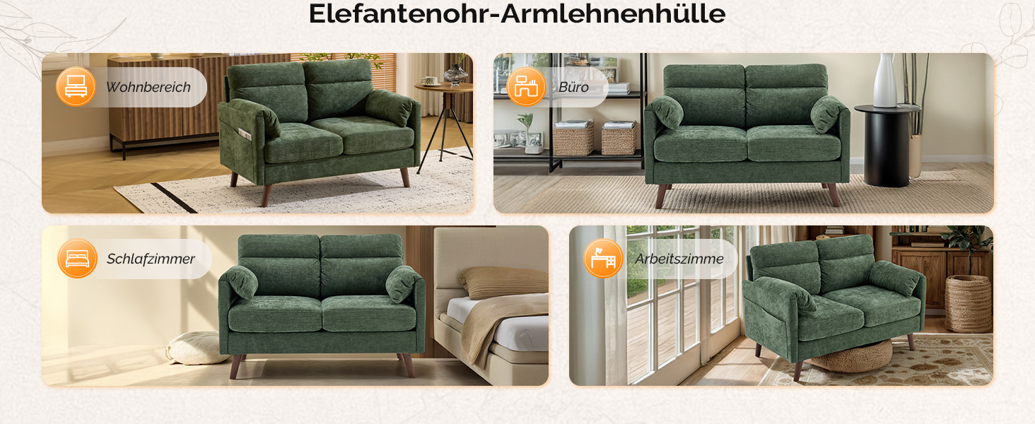 Диван Bonnlo 2-місний, компактний, 125 см, тканинний диван з м'якими підлокітниками, для офісу, вітальні, спальні, кабінету, легка збірка, льон, зелений