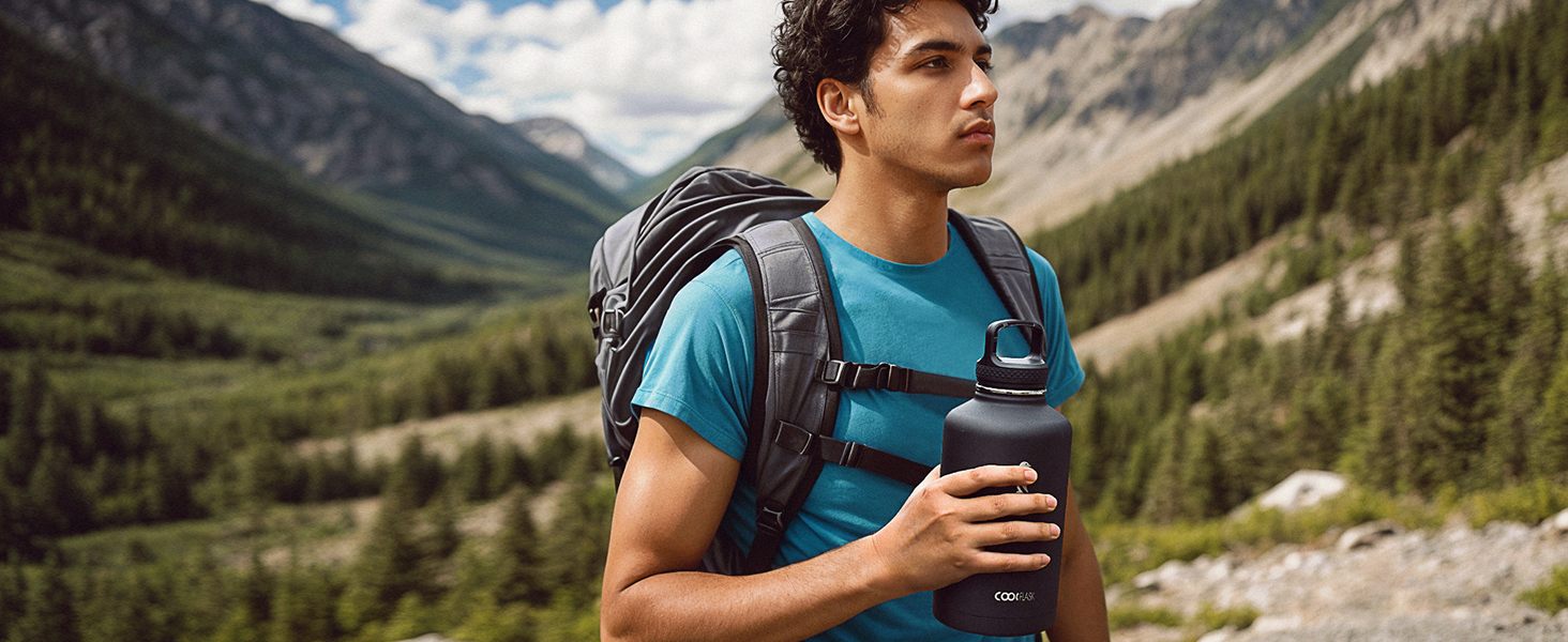 Термобутилка Coolflask 2Л зі сталі нержавіюючої з соломинкою та 3 кришками, вакуумний ізольований спорт-флакон для води та офісу, герметична, колір Indigo Black