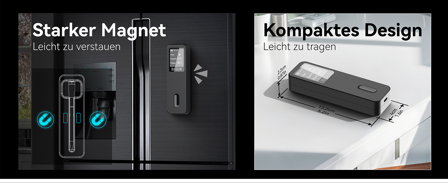 Термометр для м'яса BFOUR BF-30 PRO: бездротовий Bluetooth термометр для гриля з підключенням до додатку, LCD-дисплей, IP67 водонепроникний, для BBQ, духовки, гриля, кухні (чорний)