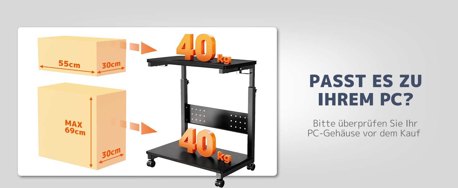 Підставка для ПК з регулюванням висоти PUTORSEN, 2 рівні, з роликами та підкладкою для миші, чорний Full-Tower (до 40 кг/рівень)