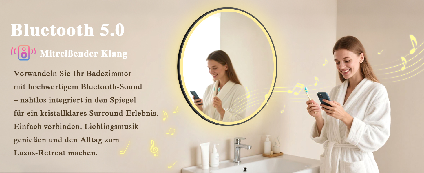 Дзеркало для ванної кімнати з підсвічуванням LED, кругле, 50 см, сенсорне керування, регулювання яскравості, функція пам'яті, захисне скло HD, захист від вибуху, Bluetooth, антизапар, металевий каркас, 60x60 см