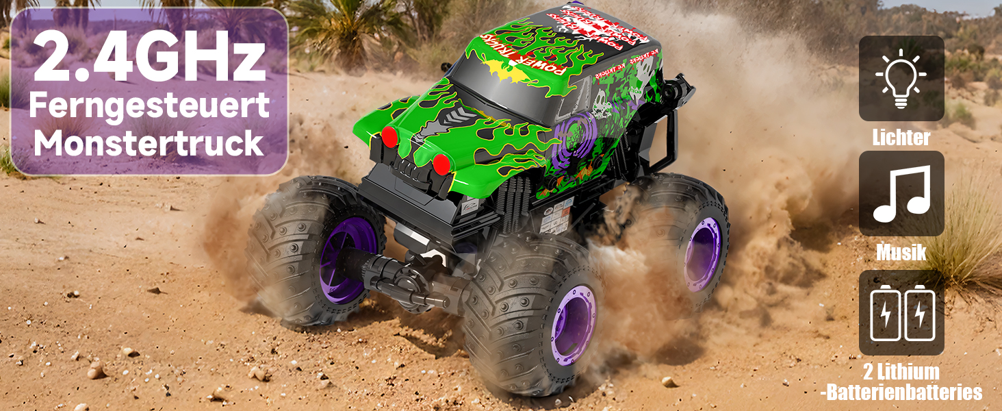 Радіокерований монстр-трак 1:20 2.4GHz, 20 км/год, зелений динозавр з підсвіткою LED та музикою для хлопчиків та дівчаток від 3 років