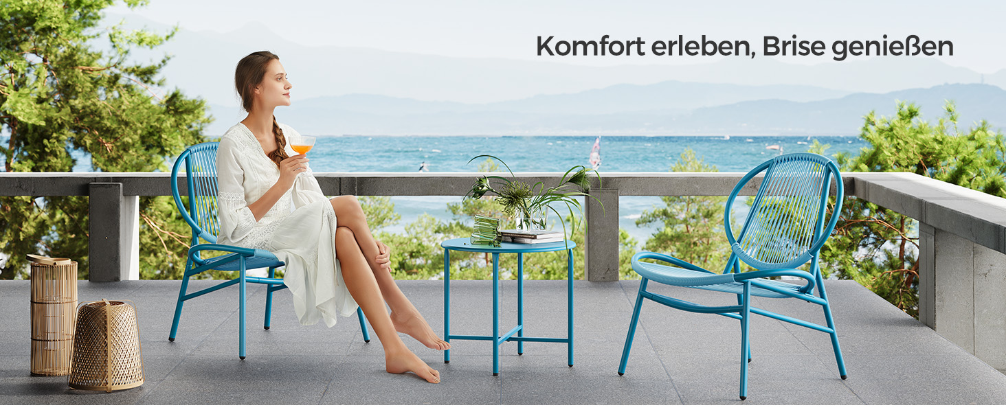 Набір садових меблів SONGMICS з ротангу (3 предмети): стіл та 2 крісла для тераси, саду, балкону, блакитний