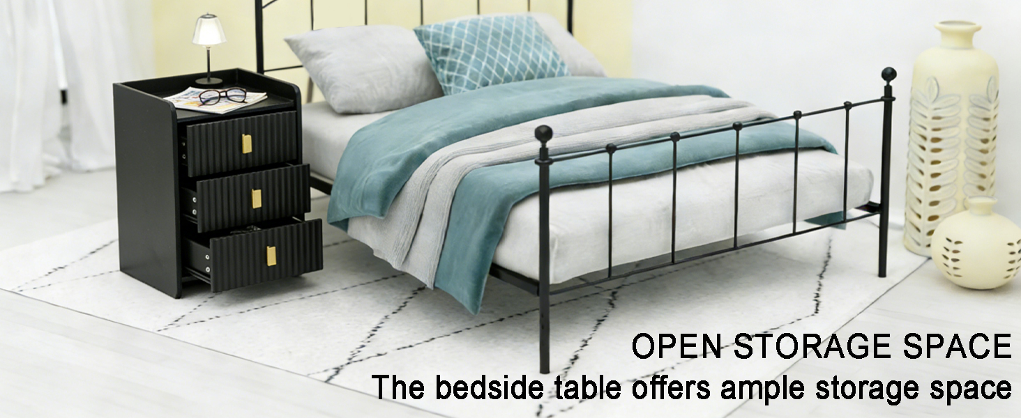 Нічний столик з 3 шухлядами, дерев'яний, з різьбленою передньою частиною, чорний. Нічний столик для спальні, вітальні, легко збирається.