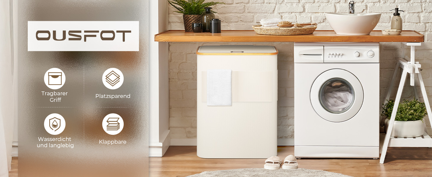 Кошик для білизни OUSFOT з кришкою, 3 відділення, 158л, розкладний, з мішком для білизни, з кишенею, бамбукова коробка для сортування білизни, бежевий