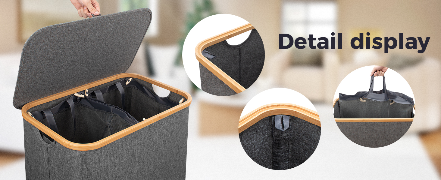 Кошик для білизни Rieeyrslza з кришкою 158л з бамбука та тканини Оксфорд, знімні мішки для білизни, складний сортер для білизни, багатофункціональний кошик для зберігання (сірий)