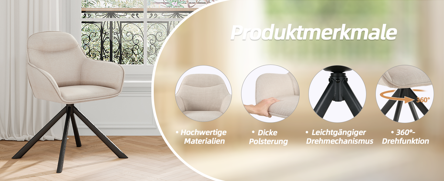 Обідній крісло для кухні/офісу, бежевий, з підлокітниками, 6 шт. в наборі, з металевим каркасом та м'яким сидінням з поліестеру