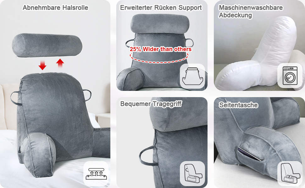 Подушка для читання Mingfuxin для ліжка, дивана, підлоги: знімний валик для шиї та підлокітником для підтримки спини, сіра