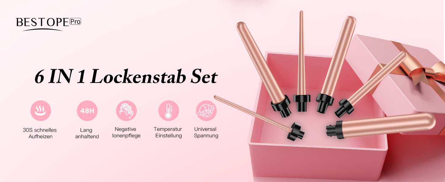 BESTOPE PRO Lockenstab 6-в-1: великі та малі локони, різні насадки, регулювання температури, рожеве золото