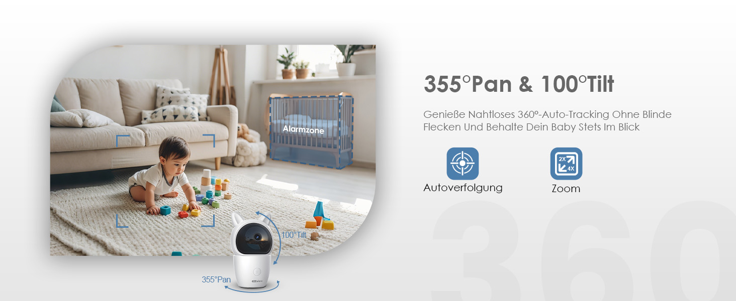 Відеоняня з камерою 2K HD Wi-Fi Babyphone з додатком, 360° огляд, 4x Zoom, нічний режим, датчик руху/плачу/звуку, термометр, чорний - 1 камера