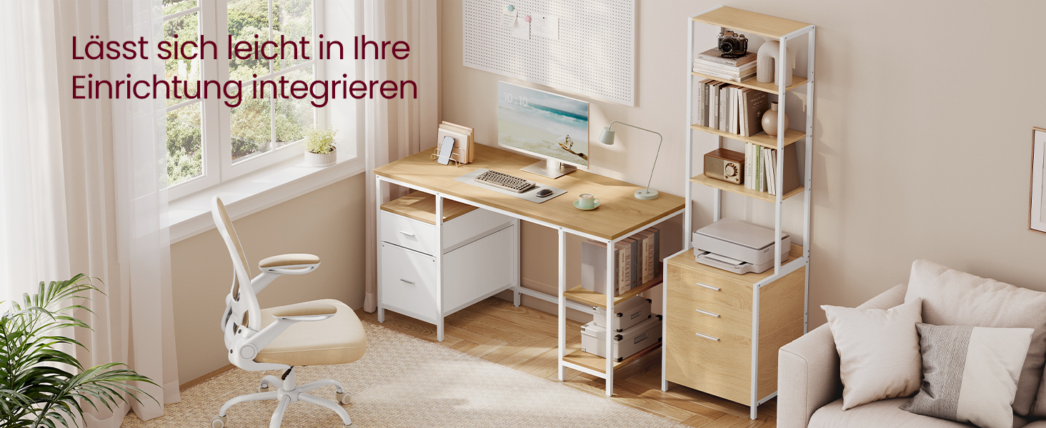 Комп'ютерний стіл VASAGLE з 3 полицями та 2 ящиками, 140 x 60 x 76 см, для офісу та вітальні, сучасний стиль, колір: natureichenfarben + perlweiß