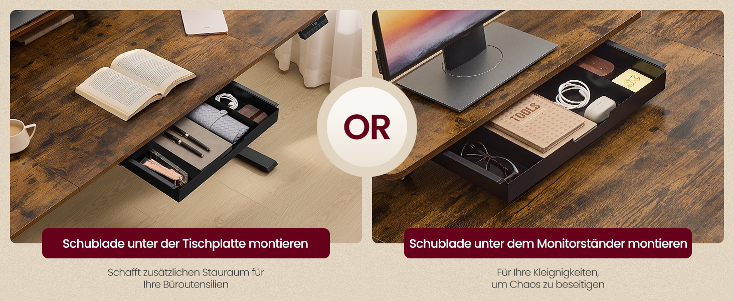 Стол для роботи VASAGLE з регулюванням висоти, 160 x 80 см, з підставкою для монітора, шухлядою та USB-C, нагадування про рух, для офісу, вінтажний коричневий