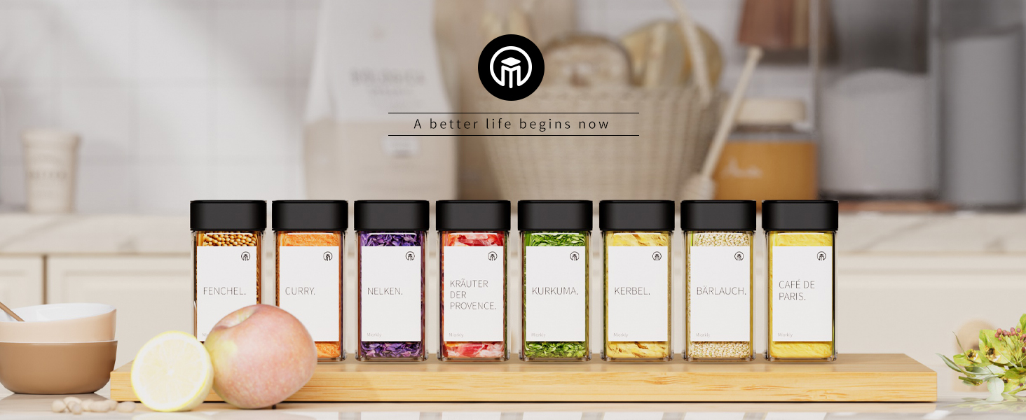 Набір контейнерів для спецій Miorkly - 24 шт. з чорними кришками з нержавіючої сталі, 120 мл, з ситечком, високоякісні, скляний органайзер з воронкою, етикетками та ручкою