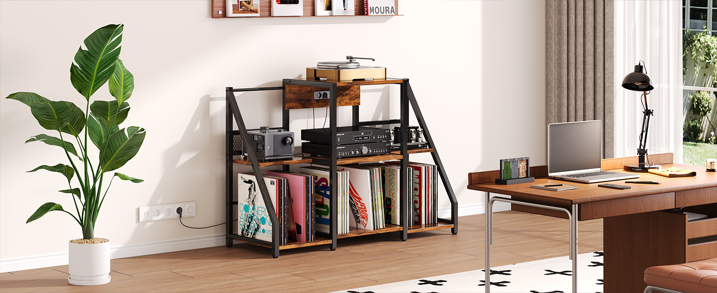 Підставка для програвача вінтаж велика з розеткою та LED-підсвіткою, тримач для платів, полиця для вінілу на 300 альбомів, для вітальні, спальні