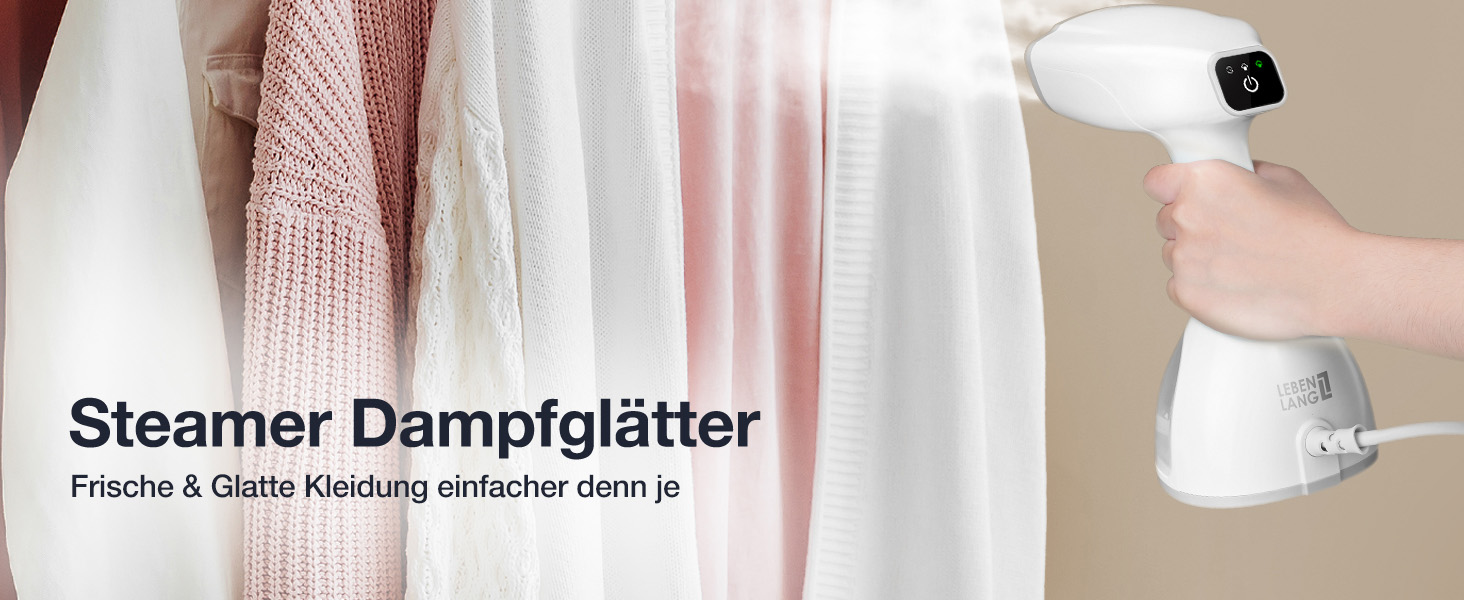 LEBENLANG Пароочищувач для одягу - 1500W, 300ml, з рукавичкою та насадками | Професійний пароочищувач для одягу | Білий