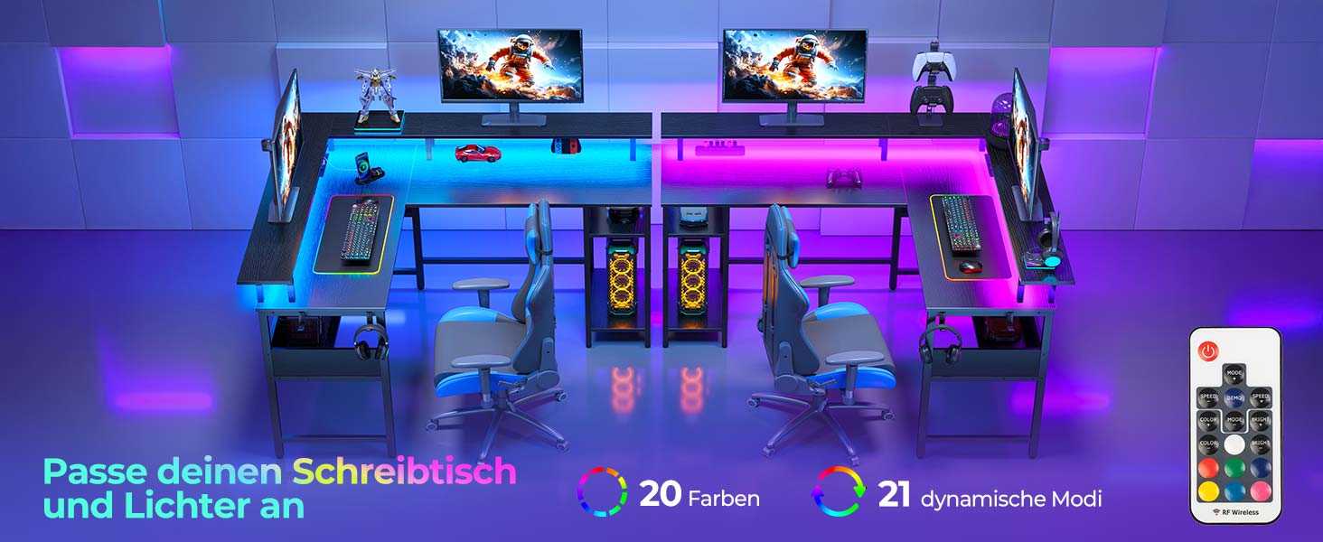 Роланстар Стіл ігровий L-подібний з LED та розеткою, 137 x 108 см, комп'ютерний стіл з підставкою для монітора та місцем для зберігання, реверсивний кутовий стіл для офісу, домашнього офісу (Білий) (Чорний)