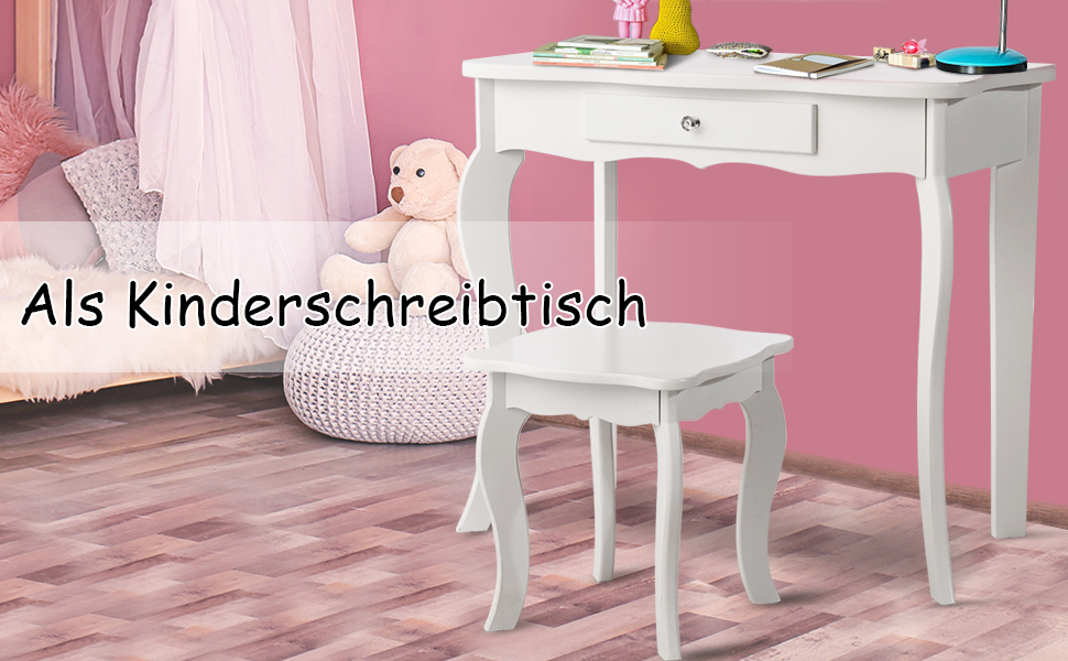 Детский туалетный столик COSTWAY 2-в-1 с LED-подсветкой, зеркалом и ящиками, для девочек (белый)