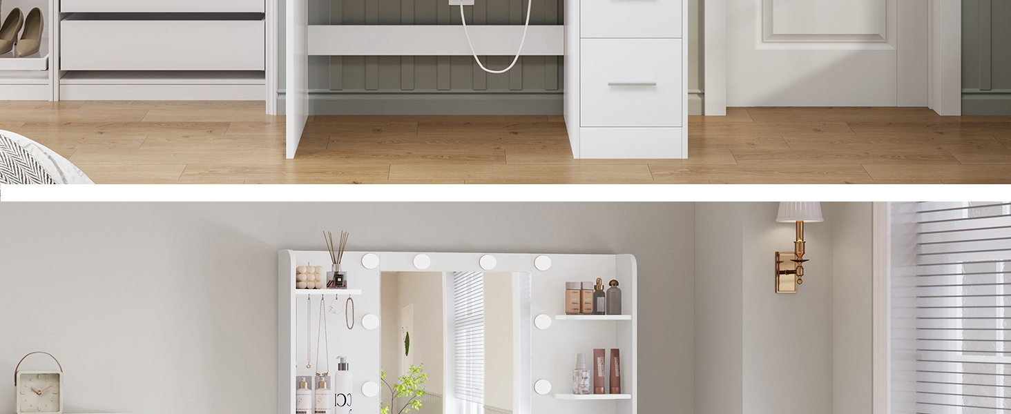 Трюмо TEENFON з дзеркалом та підсвічуванням, біле. 4 шухляди, 4 відкриті полиці, 5 гачків для прикрас.