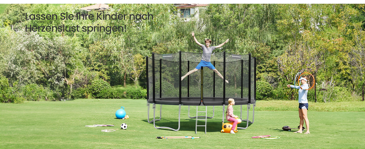 Батут SONGMICS вуличний Ø427 см з захисною сіткою, драбиною та м'якими стійками, чорний