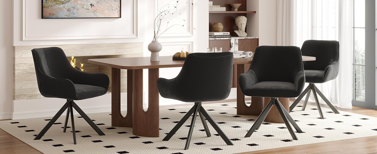 Обідні стільці поворотні, комплект 4 шт. з підлокітниками, коричневі. Сучасний дизайн, металевий каркас, підходить для їдальні, вітальні, офісу.