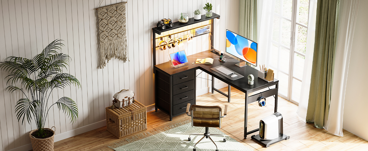 Ігровий стіл Coleshome з LED підсвіткою, 110x80 см: реверсивний, з шухлядами та розетками, кутовий стіл з полицею та місцем для зберігання