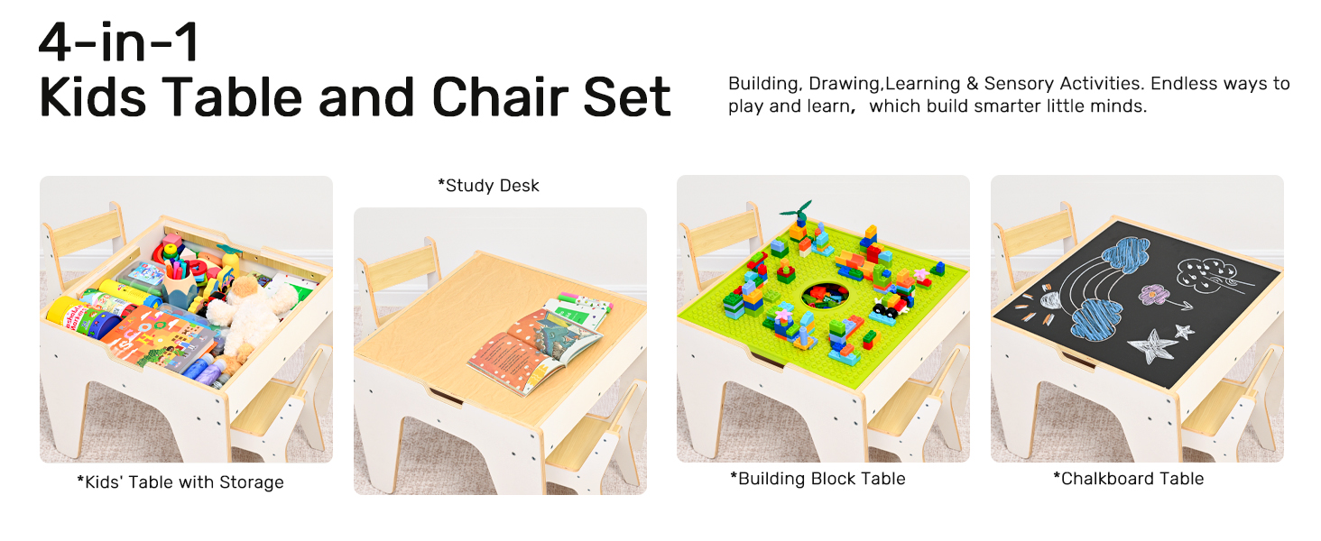 Дерев'яний дитячий набір меблів Wingyz 4-в-1: стіл, 2 стільці, стіл з місцем для зберігання. Ідеально для малювання, ігор та активностей.