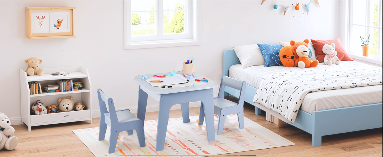 Дитячий стіл MAMIZO з 2 стільцями: комплект меблів для дитячої кімнати, стіл-мольберт, дитячий столик зі стільцями, блакитний