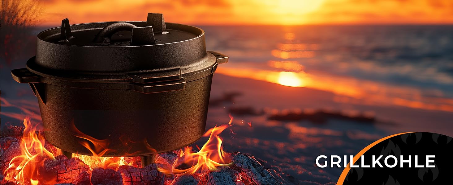 Чавунний казан Dutch Oven 9л з ніжками та знімачем кришки, набір для приготування їжі на відкритому вогні (на 6-10 осіб)