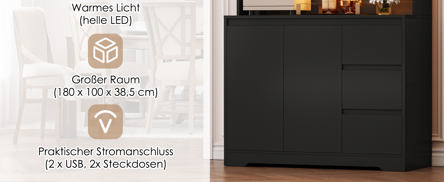 Чорний кухонний буфет з LED-підсвіткою, стільницею та 3 висувними ящиками, 180x100x38.5 см