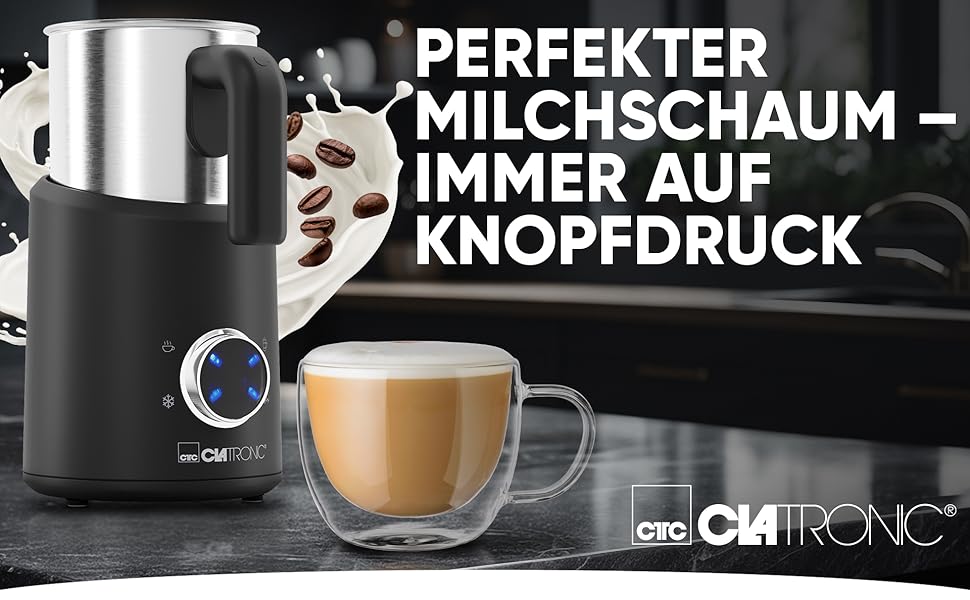 Електричний пінозбивач Clatronic MS 3812 | з підігрівом | для теплих та холодних напоїв | 740 мл | Чорний-inox | Модель 2024