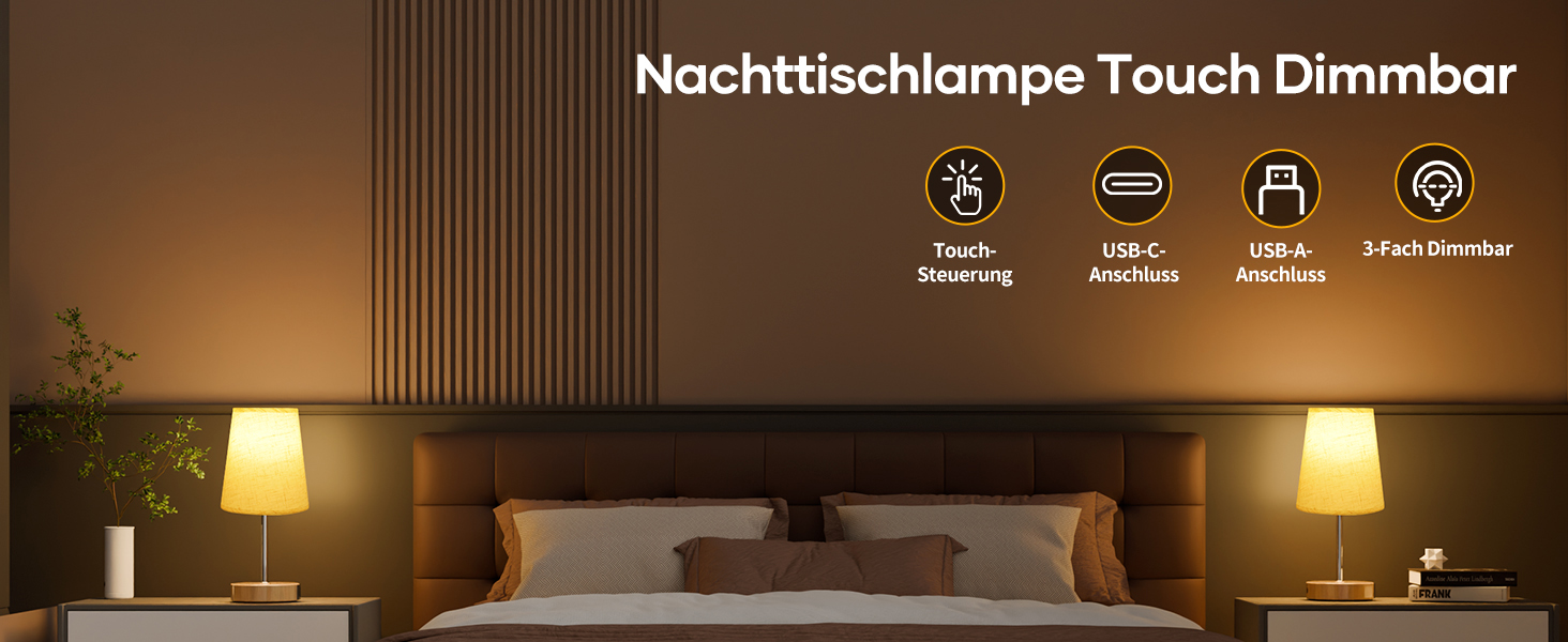 Настільна лампа Suright з торшером з льону, USB-портами A+C, регулюванням яскравості, дерев'яним цоколем, для спальні/вітальні (LED-лампочка в комплекті), бежева