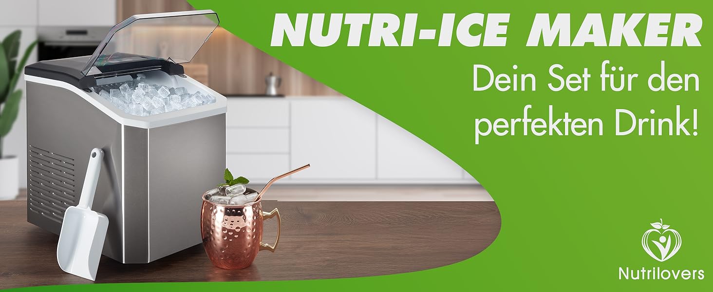 Машина для льоду Nutrilovers NUTRI-ICE MAKER з нержавіючої сталі: прозорий лід двох розмірів (S/L) + келих для Moscow Mule та кулінарна книга